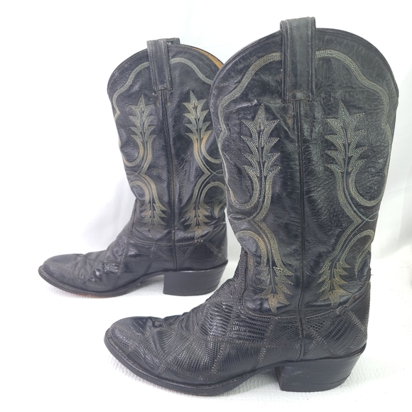 Tony Lama Vintage Western Boots Black Snake Lizard Patchwork Cowboy Pull On 8.5D
